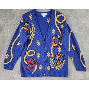 Picone Sport Sweater Womens Medium Blue Embroidered Hand Knit Vintage Cardigan